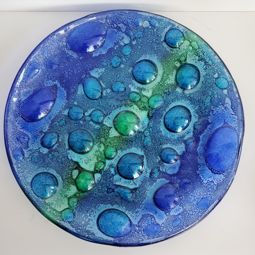 Fused bubble glass art decorative plate blue and green